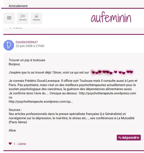 avis, témoignage, psychotherapie, addiction sexuelle, dépendance, boulimie, F.Duval-Levesque psychopraticien, hypnothérapeute, coach, Toulouse, TCC, hypnose, mal-être